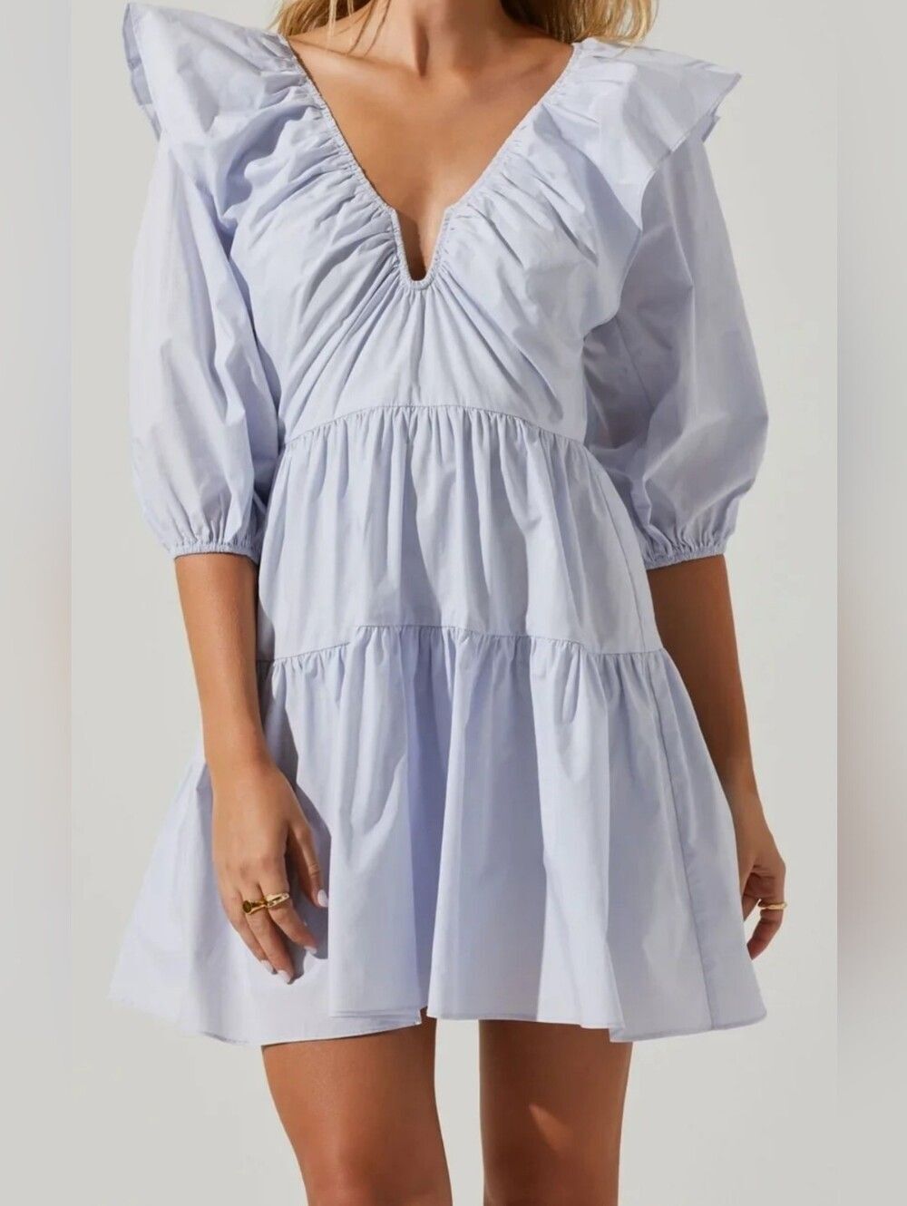 ASTR THE LABEL Puff Sleeve Tiered Mini Dress Light Blue Small